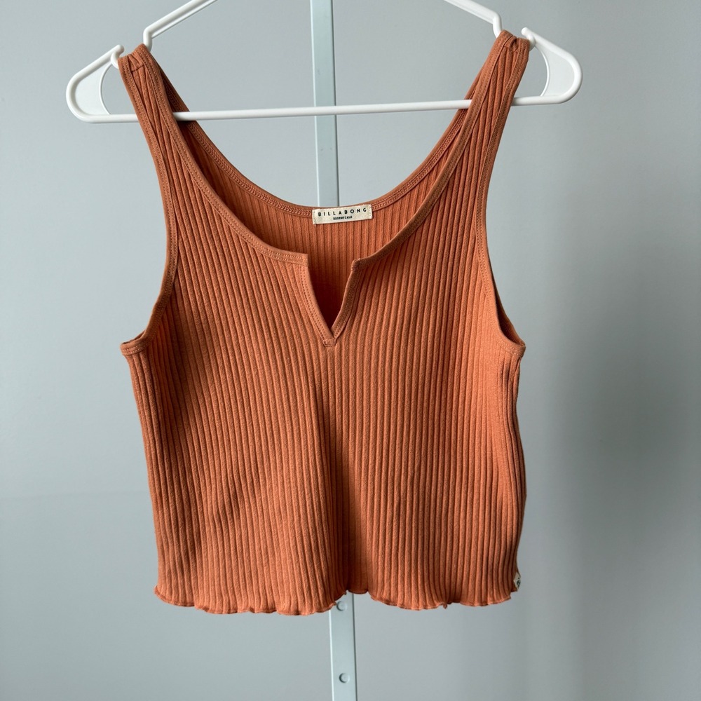 Billabong Cotton Boho Beachy Relaxed Ribbed Notch Neck Tank Top Large Orange